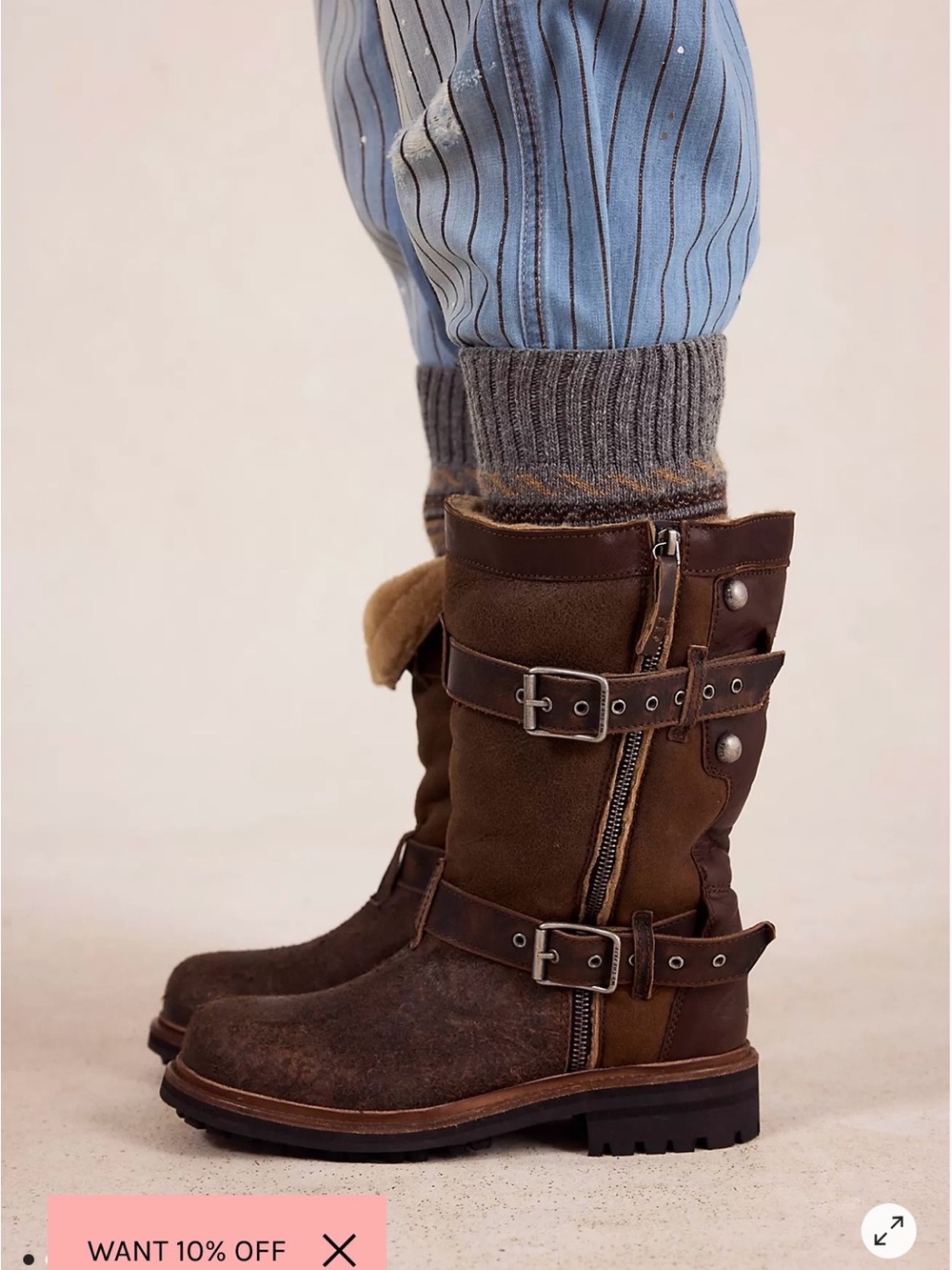 We The Free Distressed Brown Leather Shearling-Lined Buckle Boots - Picture 3 of 7
